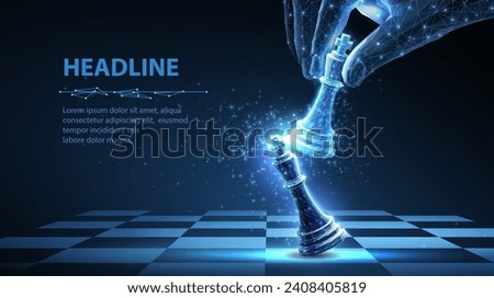 Chess king in digital hand beats other kind. Successful business strategy, digital manager, innovation challenge, AI assistant, political checkmate, technological strategy competition concept.