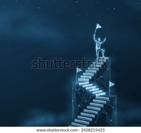 Man on the top of ladder. Digital success, succeed path, accomplish mission, digital transformation, career ladder growth, technology solutions, business development, future vision concept.