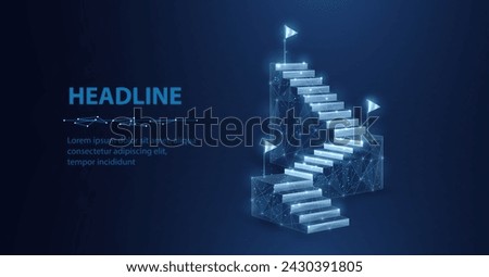 Digital ladder with three flags. Digital success, succeed path, accomplish mission, digital transformation, career ladder growth, technology solutions, business development, future vision concept.