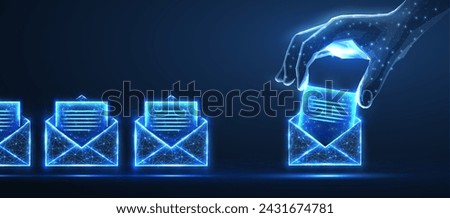 Digital hand put letters in to the envelops. AI mailing, email icon, inbox logo, envelope symbol, e-mail mailbox, send notice, message receive, correspondence e, email address, AI newsletter concept
