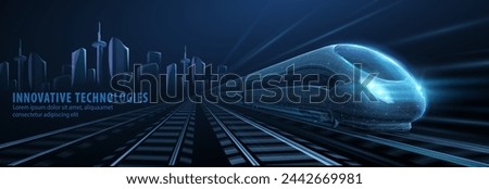 Fast express passenger train on high speed intercity railway moving from city. Future digital urban infrastructure. Modern town cityscape. 3d abstract infrastructure concept