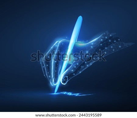 Digital hand with pan and signature. Digital signature, E-contract, Sign document, Online approval, Virtual agreement, Report deal, Certificate application, Smart bank, Computer technology concept