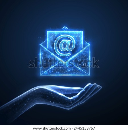 Digital hand and email sign. AI mailing, email icon, inbox logo, envelope symbol, e-mail mailbox, send notice, message receive, correspondence e, email address, AI newsletter concept