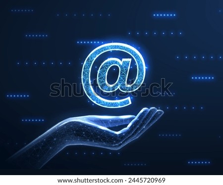 Digital hand and email sign. AI mailing, email icon, inbox logo, envelope symbol, e-mail mailbox, send notice, message receive, correspondence e, email address, AI newsletter concept