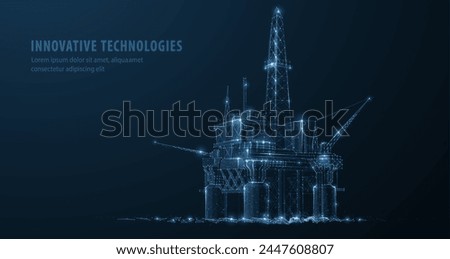 Oil rig. Abstract 3d floating rig platform isolated on blue. Gas platform, offshore drilling, refinery plant, petroleum industry, energy resource, innovation well drilling, oilfield equipment concept