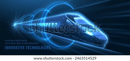 Fast modern express passenger train no high speed railway in hyperloop moving from flash light. Futuristic technology, hi tech future digital transport, hyperloop concept. Low pole 3d abstract