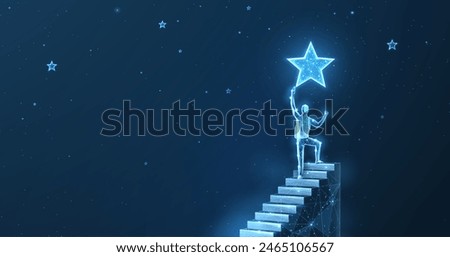 Man on the top of stair and star. Achieve career growth, Reach goal, Success ladder, Business opportunity, Leader businessman, Catch chance, Job opportunity, Achieve target, dream concept