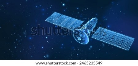 Satellite on the space background. Space exploration, GPS technology, Spacecraft station, Digital telecommunication network, Radar defense, Solar panel, Satellite communication, military concept