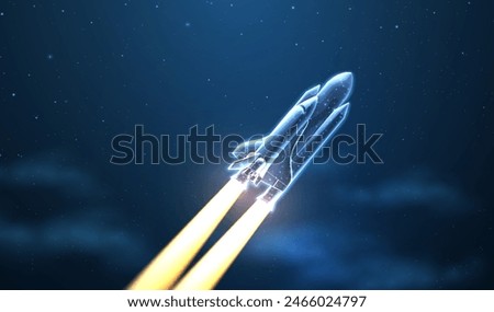 Spaceship takeoff. Rocket launch, Space shuttle, Mission start, Digital technology in spacecraft, Space travel, Rocket flight, discovery concept. Startup company symbol