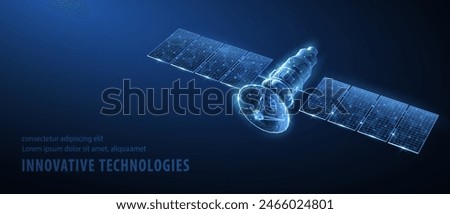 Satellite isolated on blue. Space exploration, GPS technology, Spacecraft station, Digital telecommunication network, Radar defense, Solar panel, Satellite communication, military concept