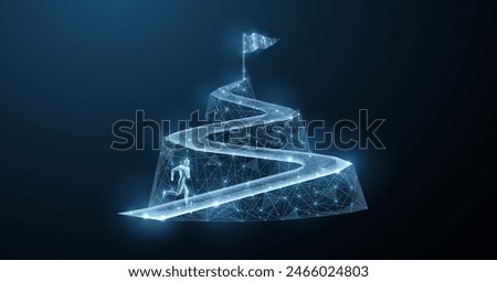 Man runs up the mountain with flag on the top. Growth opportunity, Dream career, Goal achievement, Leadership success , Ambition rise, Financial success, Competition strategy, mountain concept