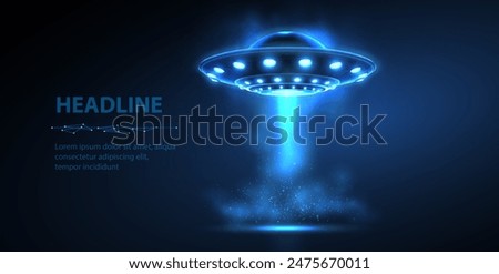 UFO hovering against a blue background. Galaxy exploration, Extraterrestrial civilization, Flying saucer, UFO sighting, Futuristic spacecraft, Science fiction concept