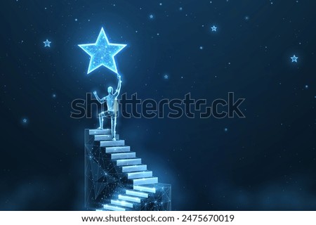 Man on the top of stair and star. Achieve career growth, Reach goal, Success ladder, Business opportunity, Leader businessman, Catch chance, Job opportunity, Achieve target, dream concept