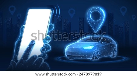 Phone in hands with blank screen and digital car. Parking application, Car sharing, Uber service, Mobile navigation technologies, Share ride, City taxi, Map location, Rideshare concept. Moskup