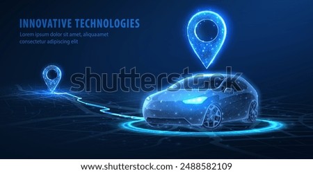 Smart car location connected with a pin icon by a line. Parking application, Gps point, Car sharing, Route path, Mobile navigation technologies, Share ride, City taxi, Map location, Rideshare concept