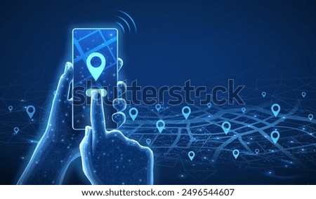 Phone with map and pins. Phone app, gps tracker, geo location, uber route, pin pointer, navigation plan, online search, taxi app, uber mobile service concept.