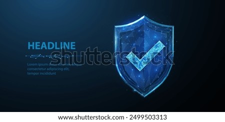 Secure technology. Polygonal wireframe shield with check mark sign isolated on blue. Secure service, protect data, cyber shield, antivirus solution, internet safety, firewall system, privacy concept