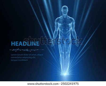 Human body halogram in rays. Digital anatomy, Medical technology, Muscle structure, Health innovation, 3D model, DNA biotechnology, Body system, Science medicine, Healthy anatomy concept