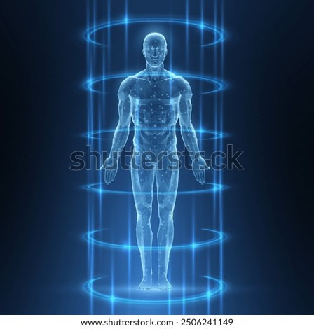 Human body halogram in rays. Digital anatomy, Medical technology, Muscle structure, Health innovation, 3D model, DNA biotechnology, Body system, Science medicine, Healthy anatomy concept