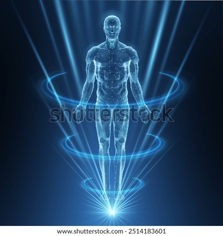 Human body halogram in rays. Digital anatomy, Medical technology, Muscle structure, Health innovation, 3D model, DNA biotechnology, Body system, Science medicine, Healthy anatomy concept