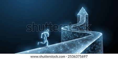 Man is running at the way that ends with an up arrow. Growth opportunity, Dream career, Goal achievement, Leadership success , Ambition rise, Financial success, Competition strategy, mountain concept