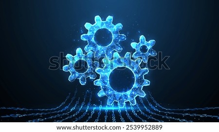 Four gears on blue. Cog mechanism, engine system, operation progress, gear shift, industry innovation, engineering solution, technology concept.