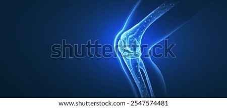 Knee joint isolated on blue. Bone health, physiotherapy care, joint disorder, glucosamine repair, orthopedic surgery, physical therapy, magnesium supplement, osteoarthritis treatment concept