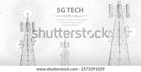 Abstract antenna mast on blue. 5G technology, telecommunication industry, telecom network, broadcast television, cell phone, 5G telecommunication, city communication, LTE transmitter concept.