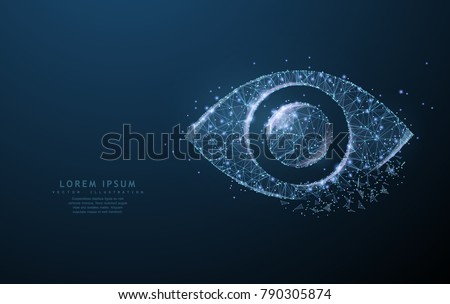 Eye. Polygonal wireframe mesh with crumbled edge on blue night sky with dots and stars and looks like constellation. Vision, health, optical, watch or other concept illustration or background