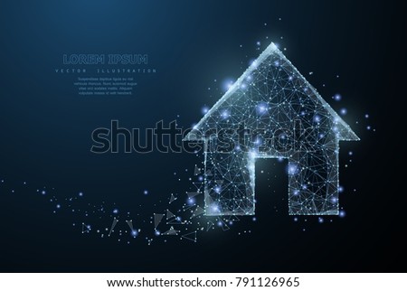 Home symbol. Polygonal wireframe mesh icon with crumbled edge on blue night sky with dots, stars and looks like constellation. Dream house, home page or other concept illustration or background