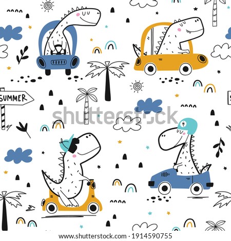 Childish seamless pattern with dinosaur driver in summer time. Vacation adventure concept.Vector illustration design for fashion fabrics, textile graphics, prints.