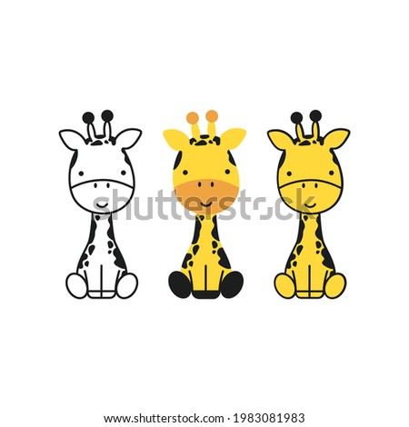 Cute sitting giraffe in cartoon style in three options isolated on white. Linear and color. Template of cute african animal for kids.