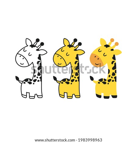 Cute standing little giraffe in cartoon style in three options isolated on white. Linear and color. Can be used like sticker for t shirt print.