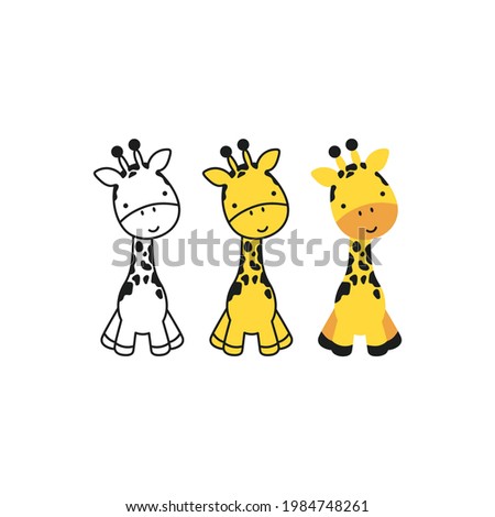 Funny little giraffe in cartoon style in three options isolated on white. Linear and color. Can be used like sticker for t shirt print.
