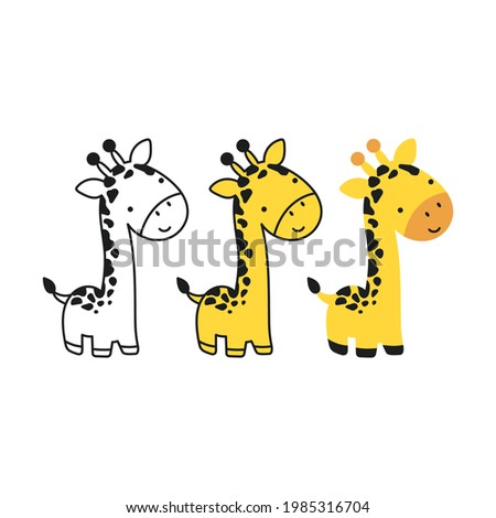 Funny little giraffe in cartoon style isolated on white. Linear and color options. Can be used like sticker for t shirt print.