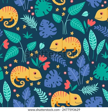 Cute chameleons seamless pattern with with tropical leaves and flowers on a blue background. Cartoon tropical lizard vector illustration. Use for textile, fabric, wallpaper and other surface design.