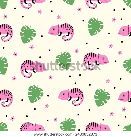 Funny pink chameleons seamless pattern with with monstera leaves and flowers on a light background. Cartoon tropical lizard vector illustration. Use for textile, fabric, wallpaper and other surface 