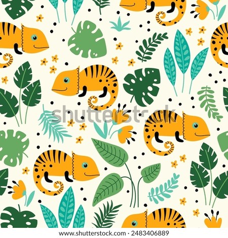 Seamless pattern with cute chameleons with tropical leaves and flowers on a light background. Cartoon tropical lizard vector illustration. Use for textile, fabric, wallpaper and other surface design.