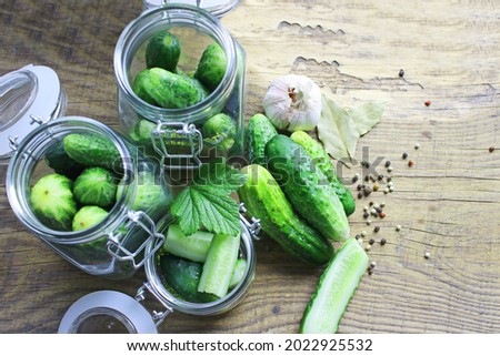  Canned cucumbers, pickled cucumbers Glass jar with pickled cucumbers on a wooden background. Canning of fresh homemade cucumbers. Selective focus. nature