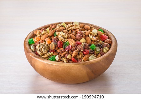 Wooden plate with variety of ingredients - almonds, walnuts, hazelnuts and candied fruit, on table.