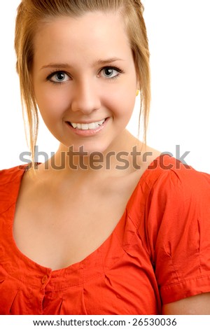 Beautiful girl in red blouse smiles.