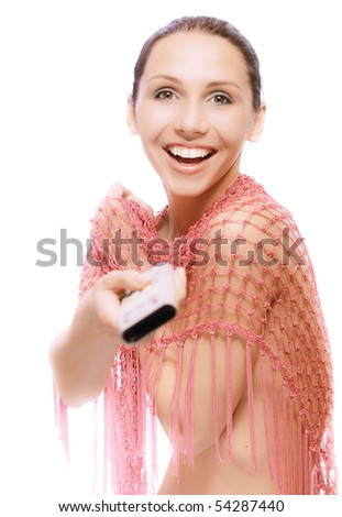 Smiling nude woman with TV console, on white background.