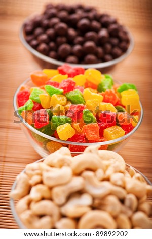 cashew nuts, candied sweet and colorful candy \