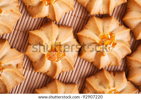 against background of bamboo cloth is crunchy biscuits