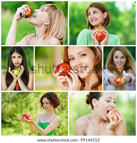 Collage of cheerful young beautiful women with apples on green summer park.