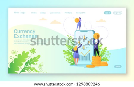 Concept of landing page for mobile website development and web page design. Concept of mobile currency exchange service. Business people changes currency using smartphone. Online banking.