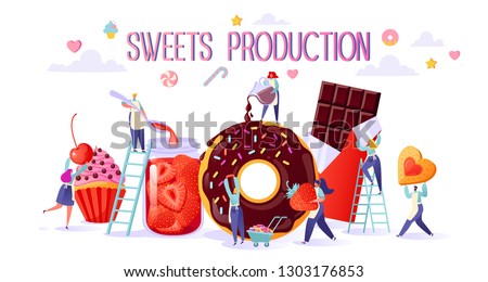 Concept of sweets food production. Happy flat people character making tasty cupcake, chocolate and cookies, handmade organic strawberry jam in a large glass jar, woman pours glaze big donut. 