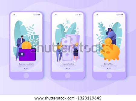 Mobile app page, screen set. Concept for website on business and finance theme. Concept of making money, saving money and financial success.  Flat people, business characters collecting coins.