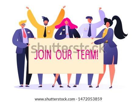 Happy, affable business people holding hiring banner. Recruitment concept, agency interview. Flat people characters offer to join their team. Illustration for banners, social networks and advertising.