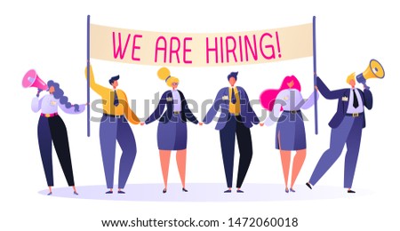 Friendly business people in search of a new employee at the vacant place. Recruitment concept, agency interview. Flat people characters invite to join their team. People holding hiring banner.  